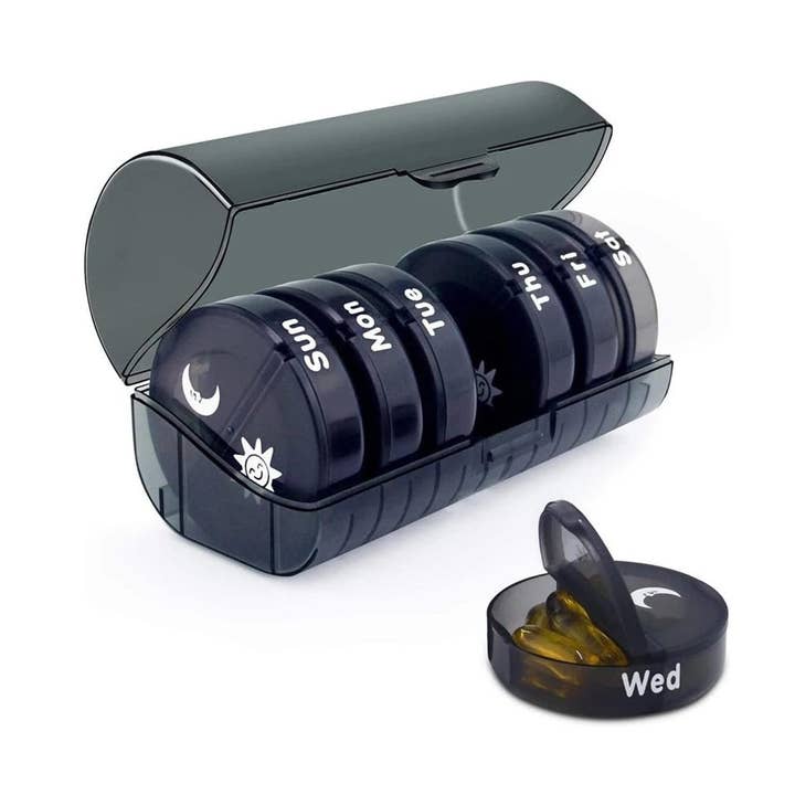 7-Day Pill Organizer with Two Compartments Per Day (All Black) and other Purchase Wholesale pill pockets. Free Returns & Net 60 Terms on Faire trending on Faire.