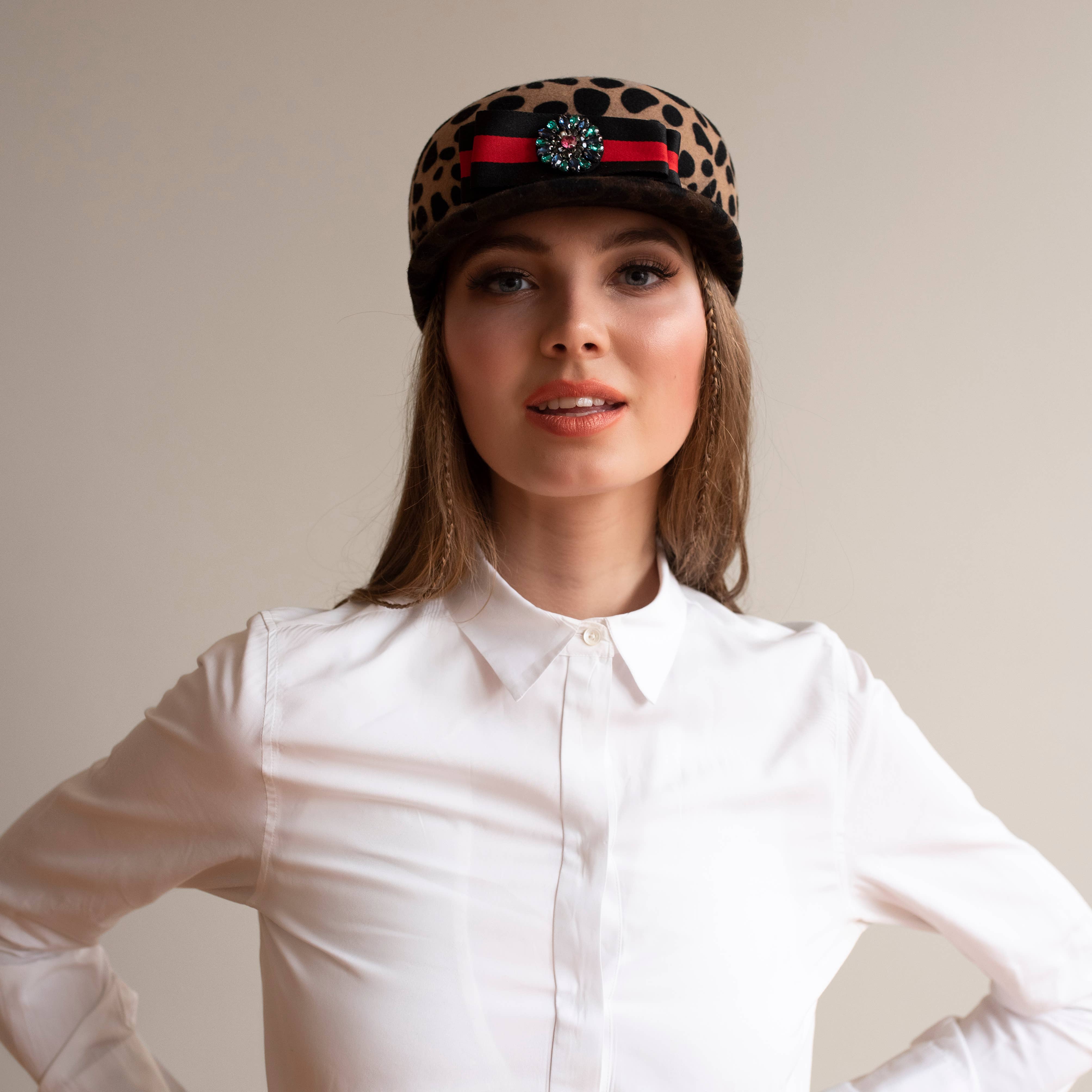 Giovannio - Wholesale Newsboy/Schoolboy Hat - Women's - Courtney Ombre Wool Leopard Newsboy Hat with Bow Rhinestone1