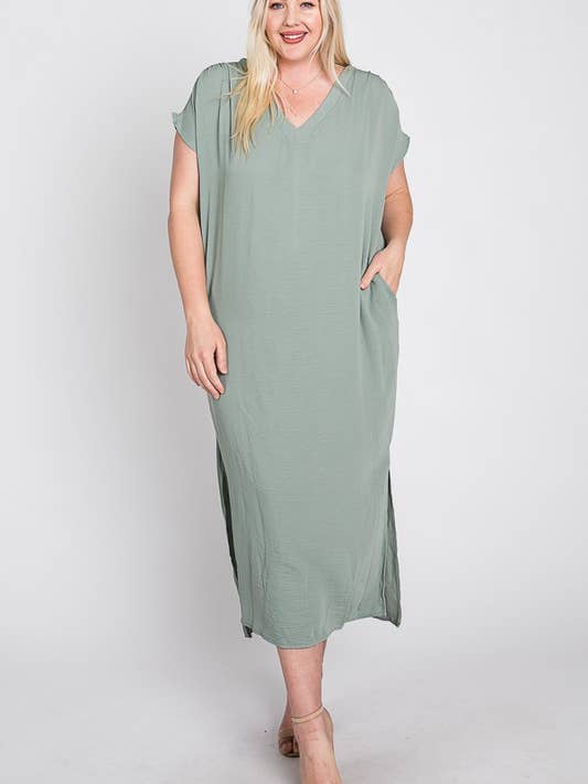 PLUS SIZE VNECK BOXY MAXI DRESS WITH SIDE SLITS for wholesale by JADE BY JANE PLUS