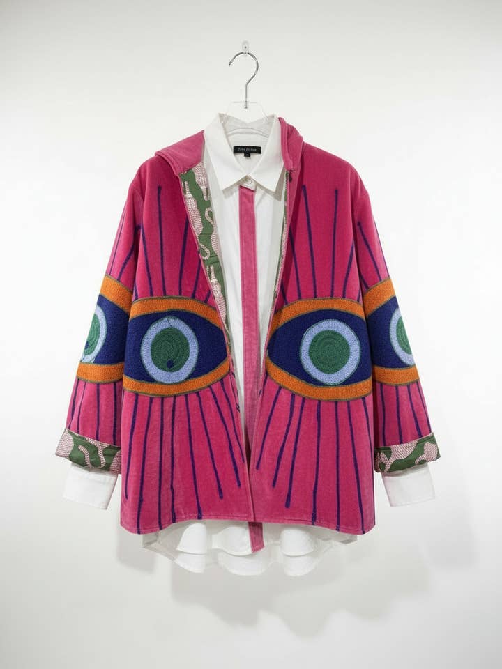 Pink Evil Eye Velvet Jacket for wholesale by Chap and Graham Designs