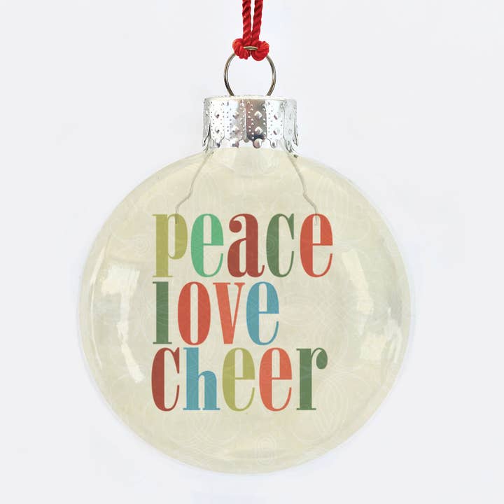 Peace Love Cheer See-Through Glass Holiday Ornament for wholesale by Skel & Co
