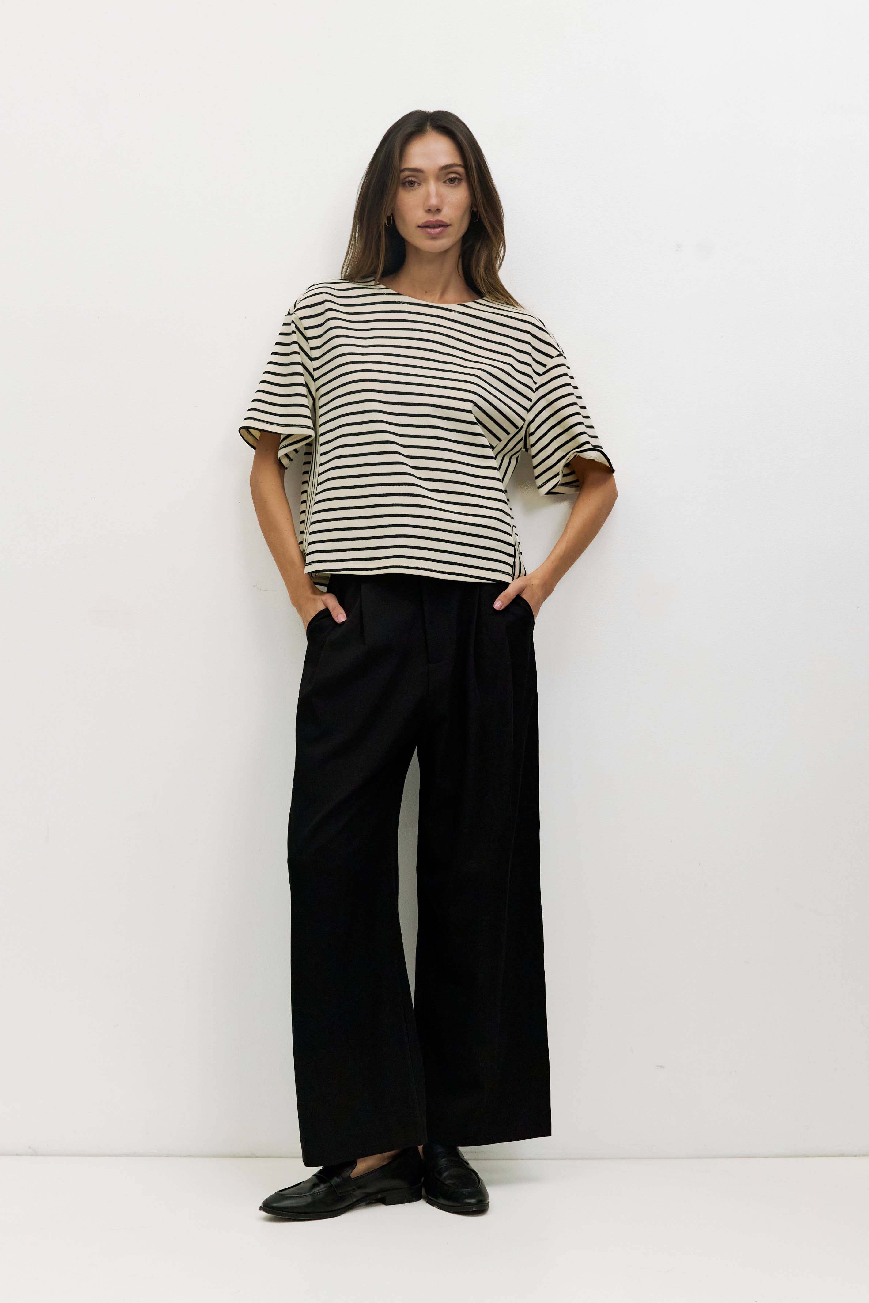 MOD REF - Wholesale Knit Top - Women's - The Cassandra Top | Striped Elbow Tee