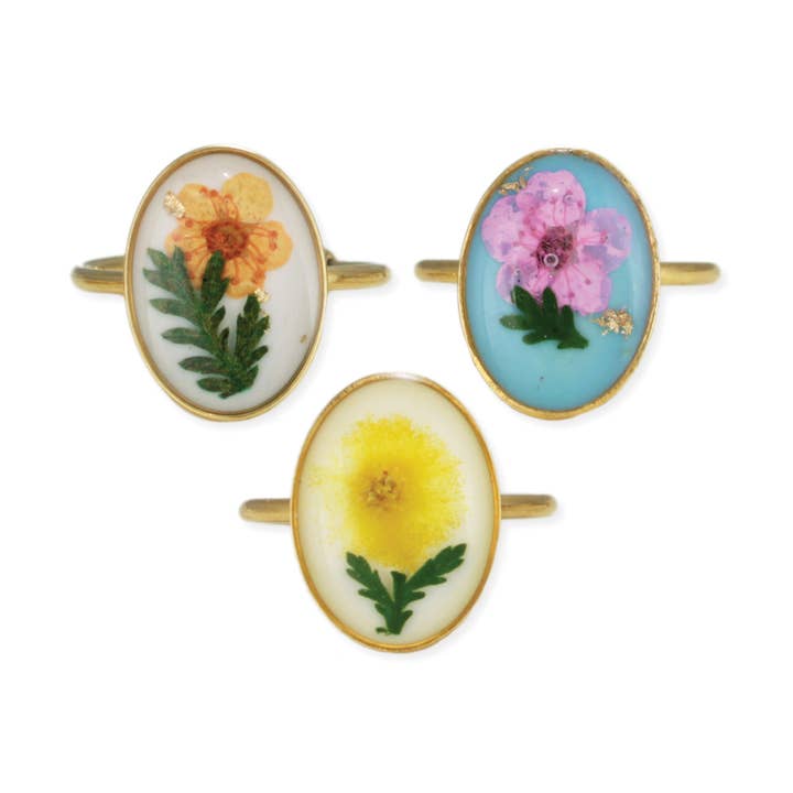 Oval Adjustable Gold Dried Flower Ring for wholesale by ZAD
