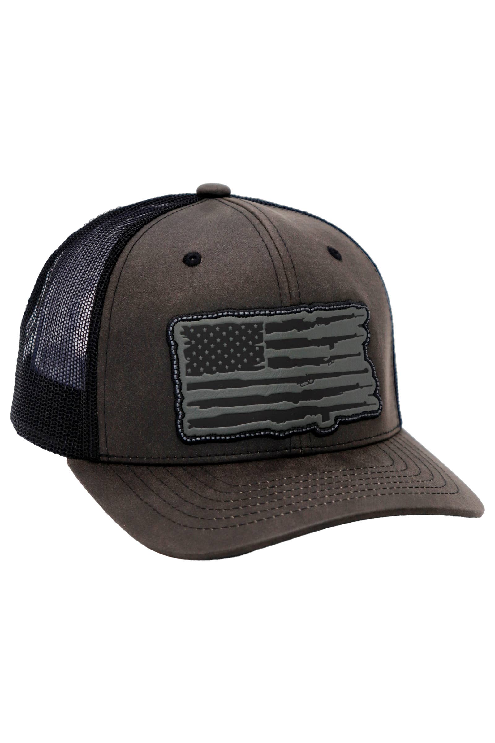 Cap Zone - Wholesale Trucker Hat - Unisex - Rifle American Flag Oiled Faux Leather Trucker Hat11