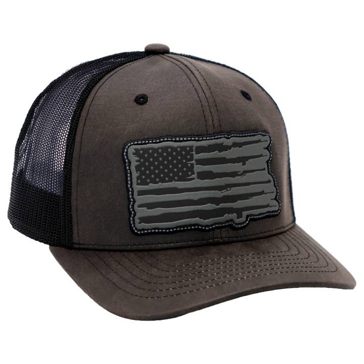 Cap Zone - Wholesale Trucker Hat - Unisex - Rifle American Flag Oiled Faux Leather Trucker Hat11