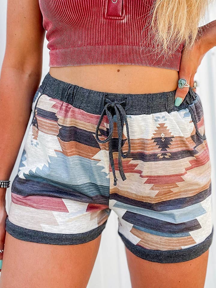 White Aztec Print Drawstring Waist Casual Shorts for wholesale on Faire