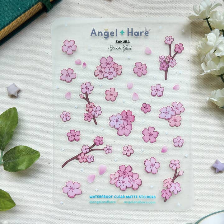 Feuille d'autocollants imperméables Sakura pour la vente par Angel + Hare