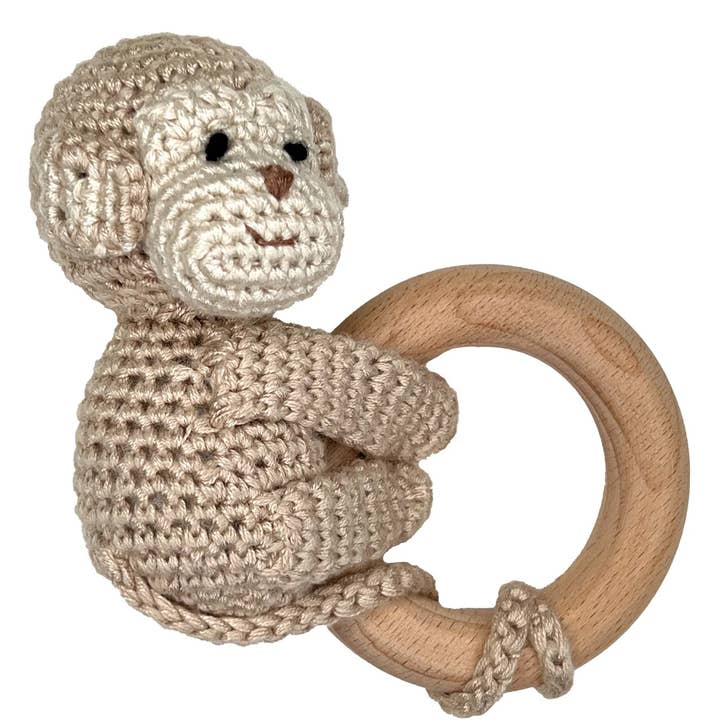 Petit Ami & Zubels - Wholesale Handheld Rattle - Baby - Monkey Bamboo Crochet Woodring Rattle0