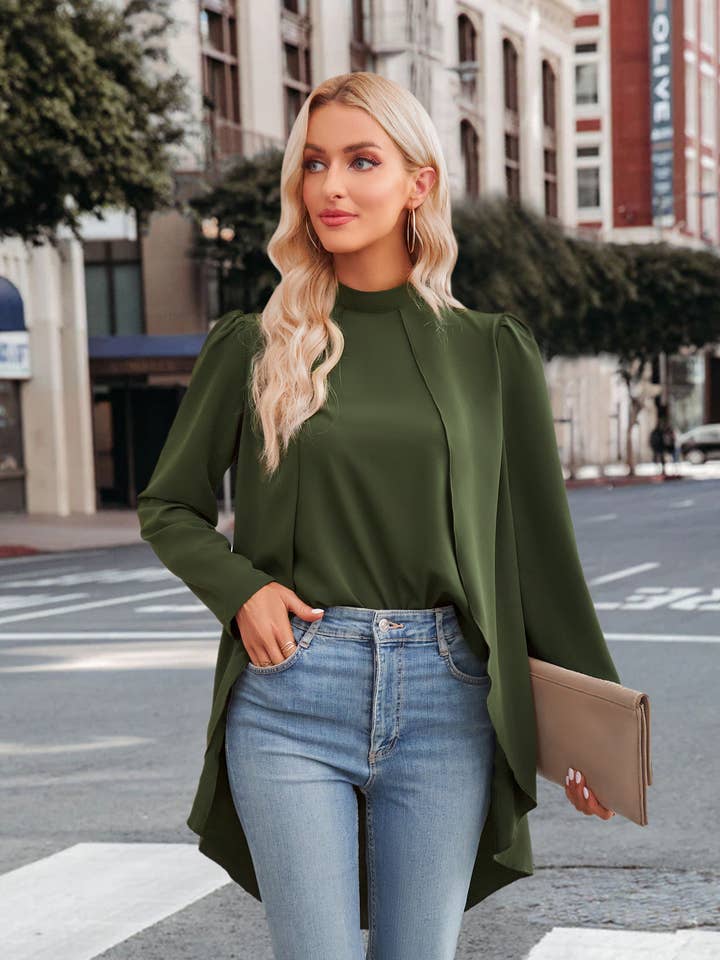 Mock Neck Tulip High Low Long Sleeve Blouse SZ2-TP53747 for wholesale by ePretty