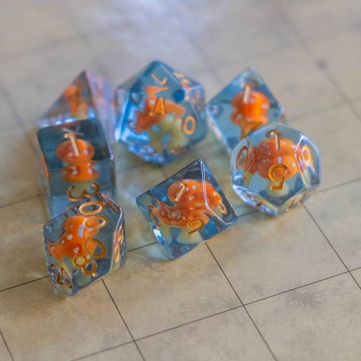 Inclusion Orange Mushroom Dice Set for wholesale by Mystery Dice Goblin