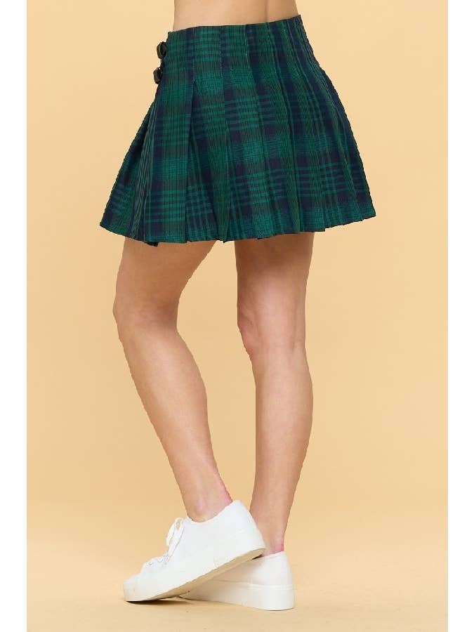 Green Double Buckle Pleated Plaid Mini Skirt for wholesale on Faire