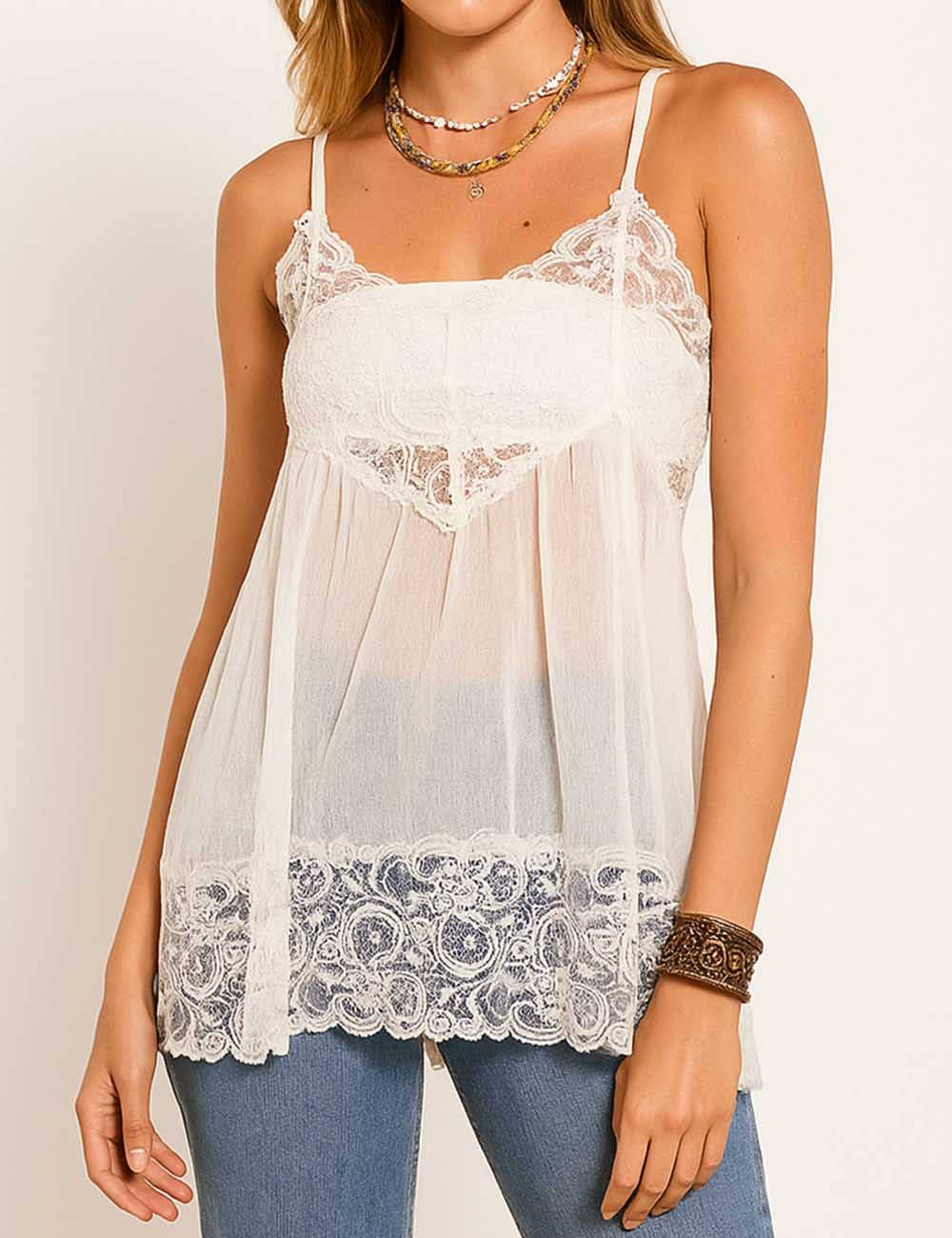 Blanco Top de tirantes con encaje transparente para mujer SKT5M6 de venta al por mayor en Faire0