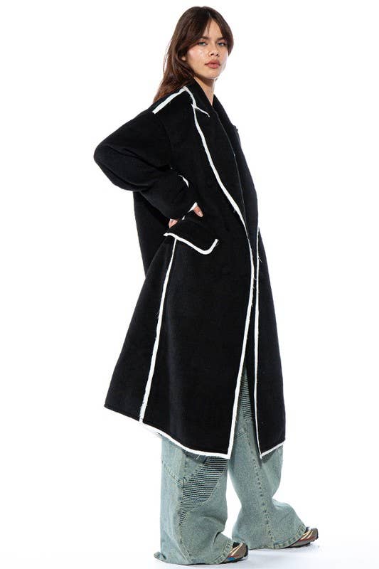 Black Oversized Contrast Stiched Wool-Like Coat for wholesale on Faire4