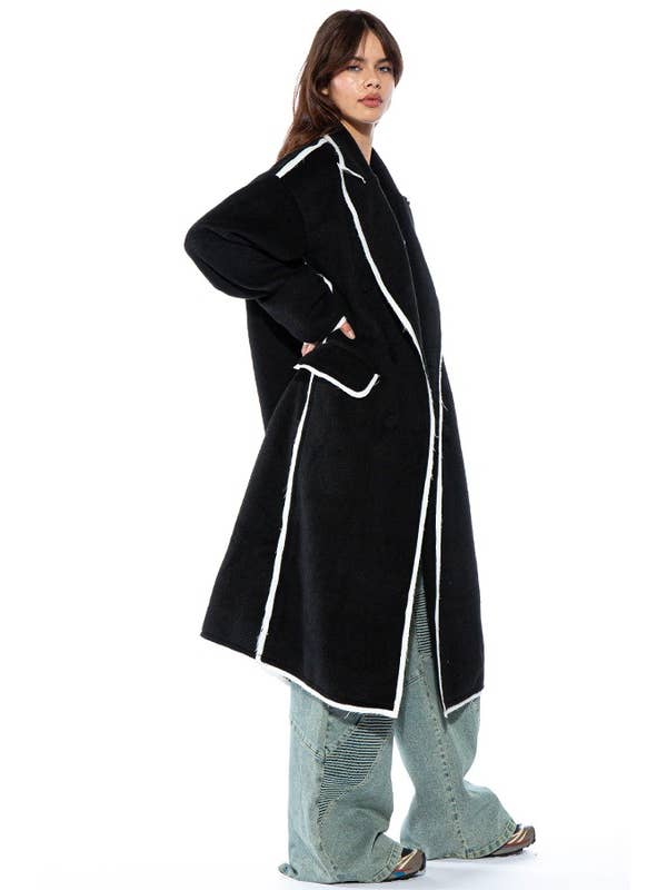 Black Oversized Contrast Stiched Wool-Like Coat for wholesale on Faire4