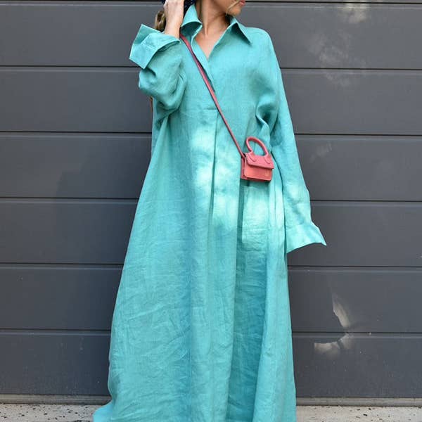 Simple Loose Solid Color Long Sleeves Lapel Maxi Dress for wholesale by Plush Looks