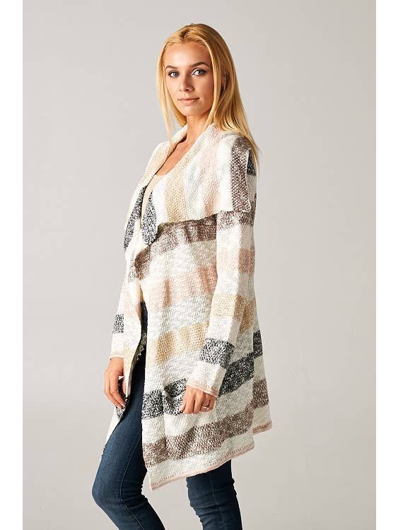 Lovestitch - Wholesale Cardigan - Women's - Striped Marled Knit Cardigan Sweater