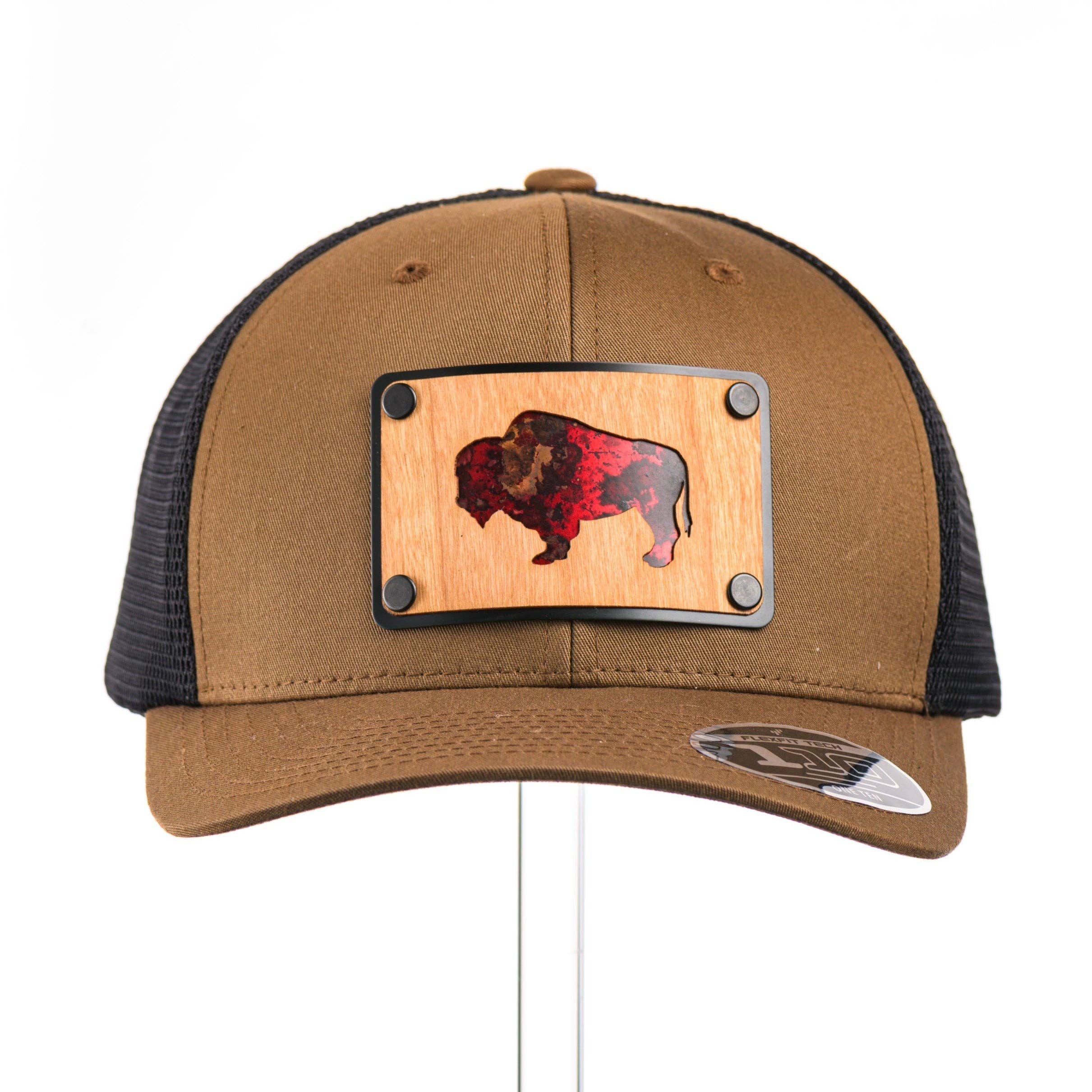 Cherry Wood & Red Copper Bison Coyote Brown & Black Trucker Hat for wholesale by Last Best Supply Co