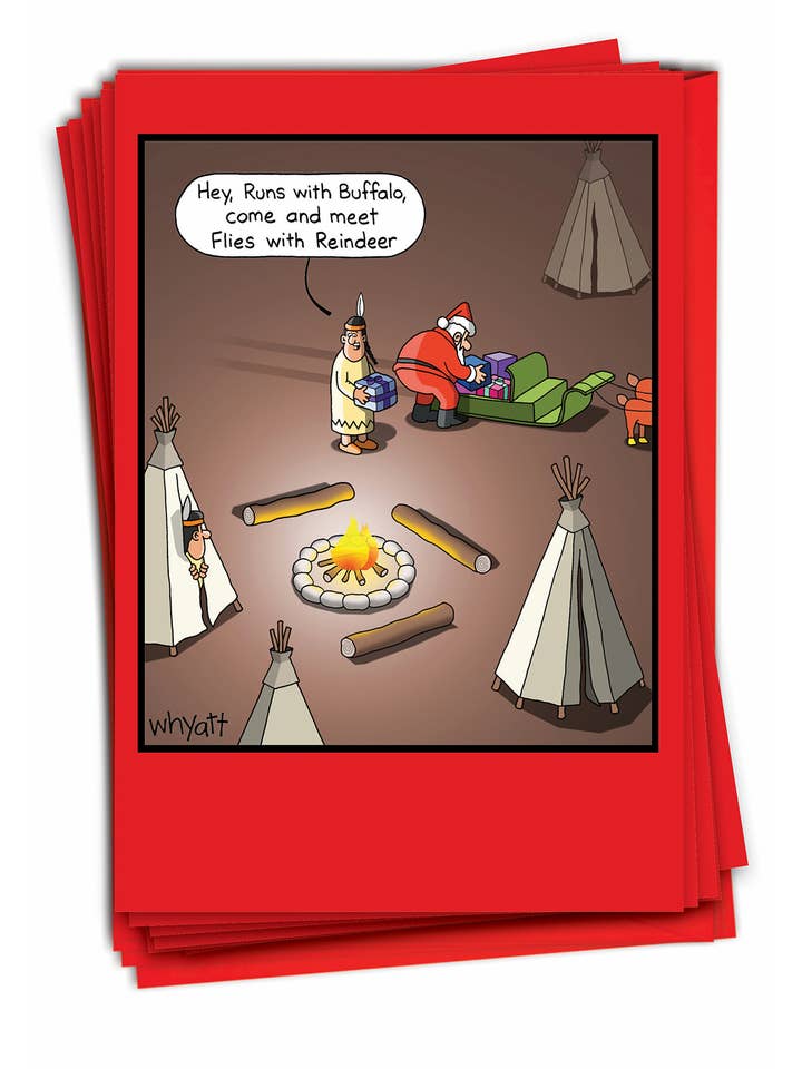 Scatola da 12 biglietti natalizi con scritta «Meet Flies with Reindeer» per la vendita all'ingrosso da parte di NobleWorks