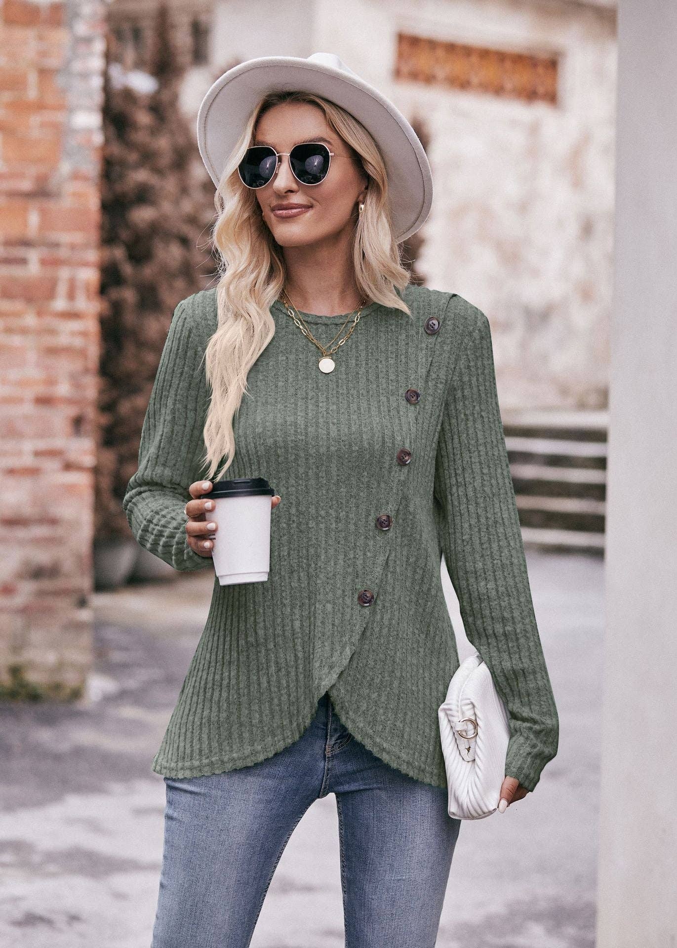 Lovesoft - Wholesale Knit Top - Women's - Round Neck Pit Strip Polished Tulip Hem Solid Color Button T-shirt15