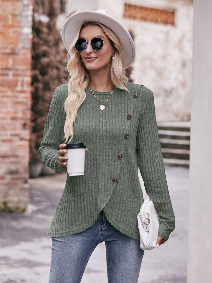 Lovesoft - Wholesale Knit Top - Women's - Round Neck Pit Strip Polished Tulip Hem Solid Color Button T-shirt15