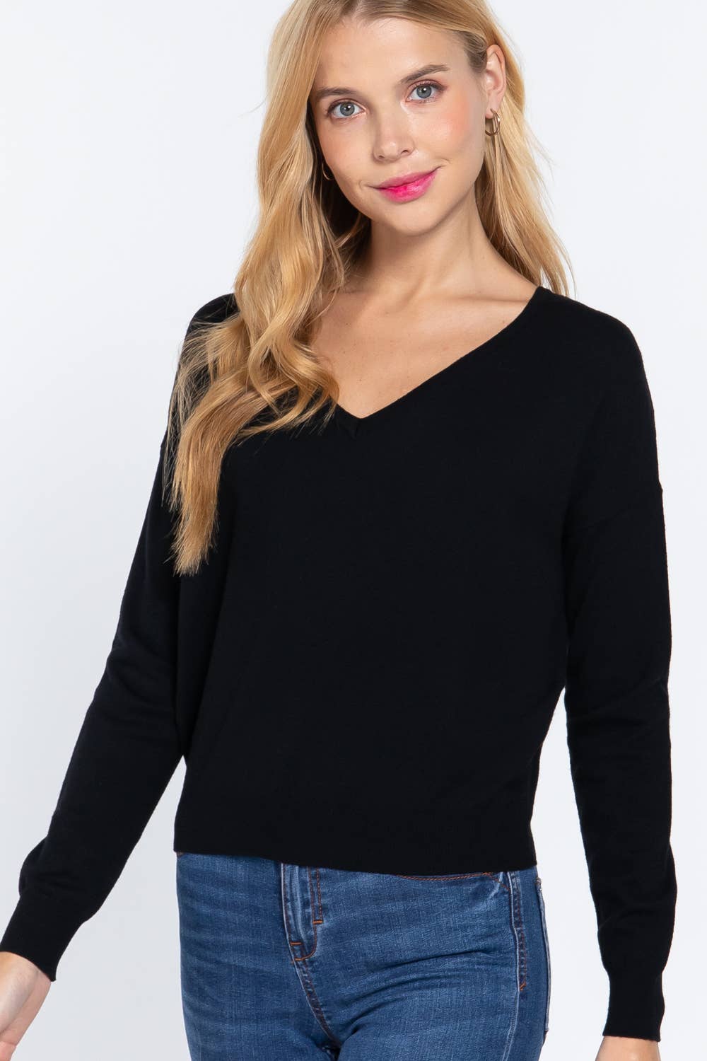 Active Basic | Active USA – Engroshandel Pullover - Dame – Viscose trøje med v-udskæring, lange ærmer og krydset rygrem14