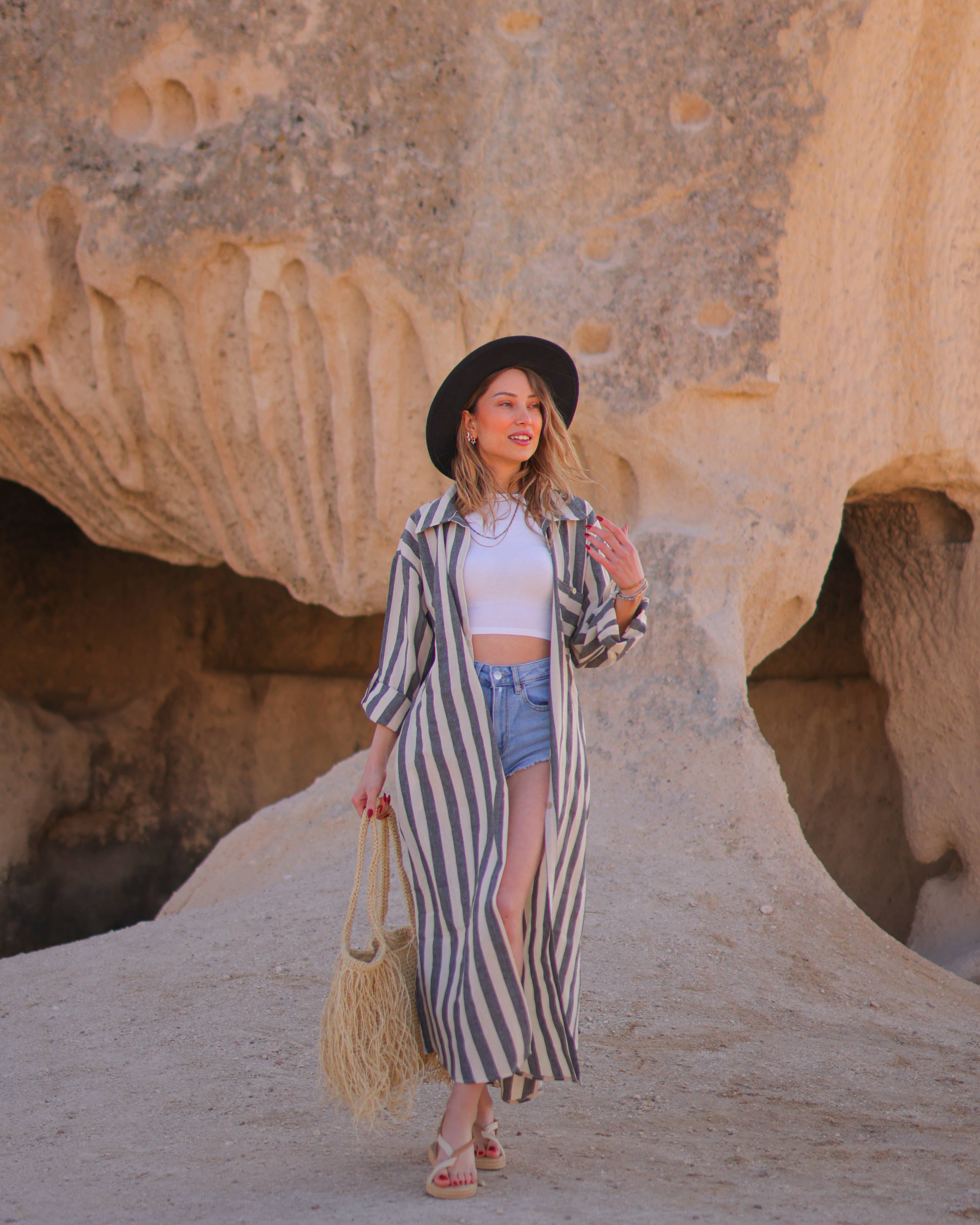 Moa - Wholesale Dress - Women's - Anthracite Striped Long Linen Shirt Dress1