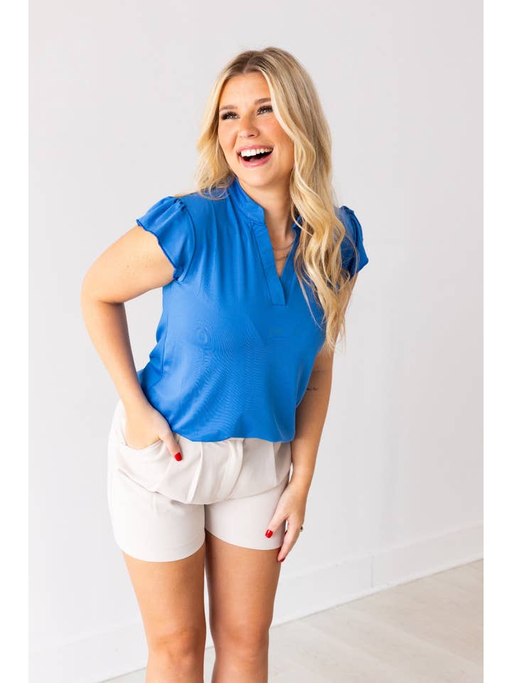 The Nicole V-Neck Top, Blue for wholesale on Faire