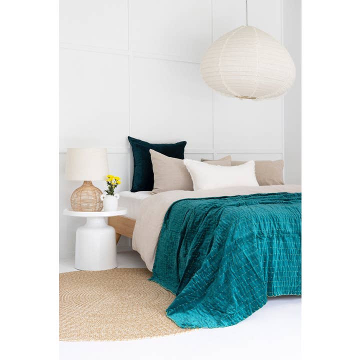 Boho Cotton Velvet Kantha Bedspread Throw Quilt - DARK GREEN for wholesale by Linen Connections