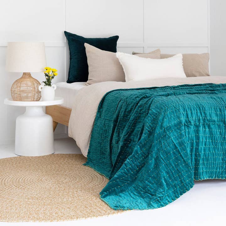 Boho Cotton Velvet Kantha Bedspread Throw Quilt - DARK GREEN for wholesale by Linen Connections