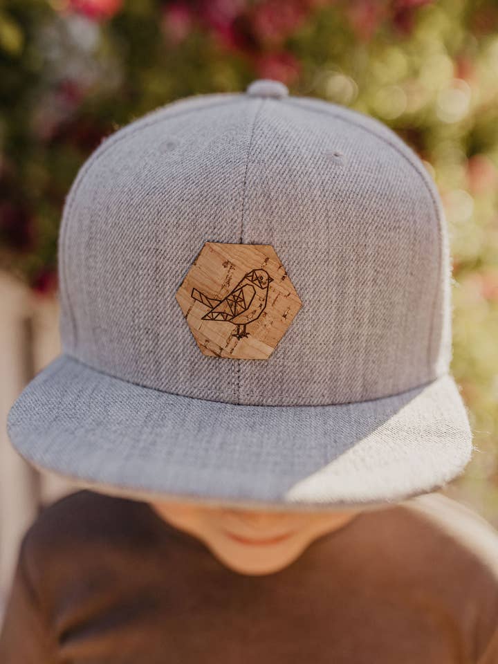 Flat Brim Snap Back Hat with Cork Patch for wholesale by Tate & Adele
