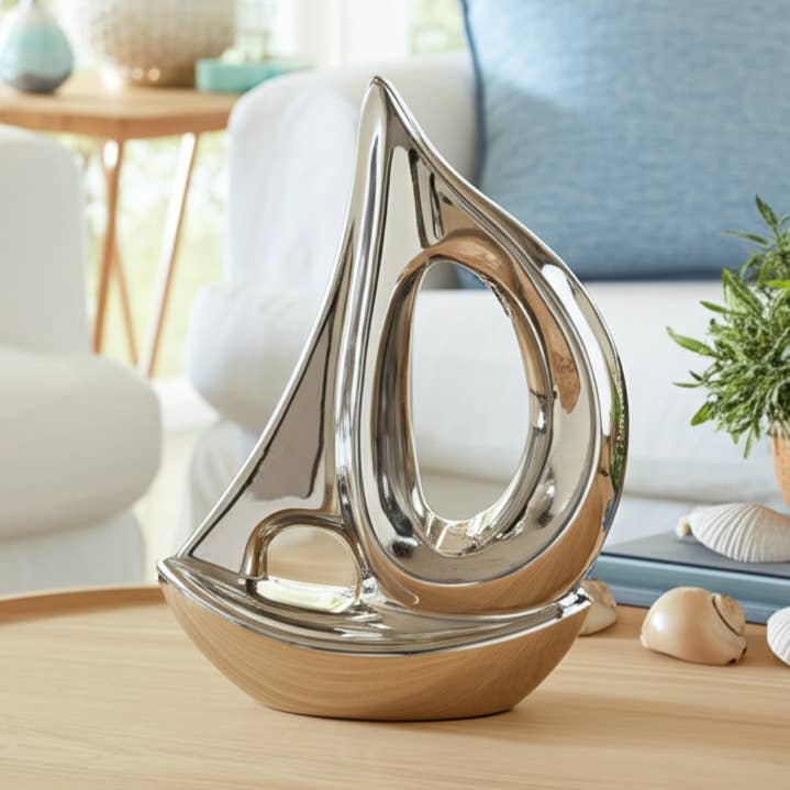 Sculpture - Silver Ceramic Coastal Sailboat Decor, 8 in. for wholesale by Sagebrook Home