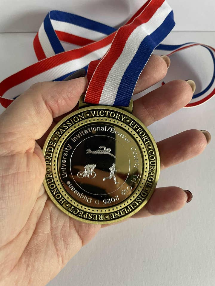 Engraved Triathlon Sports Medal for wholesale by Medal Envy