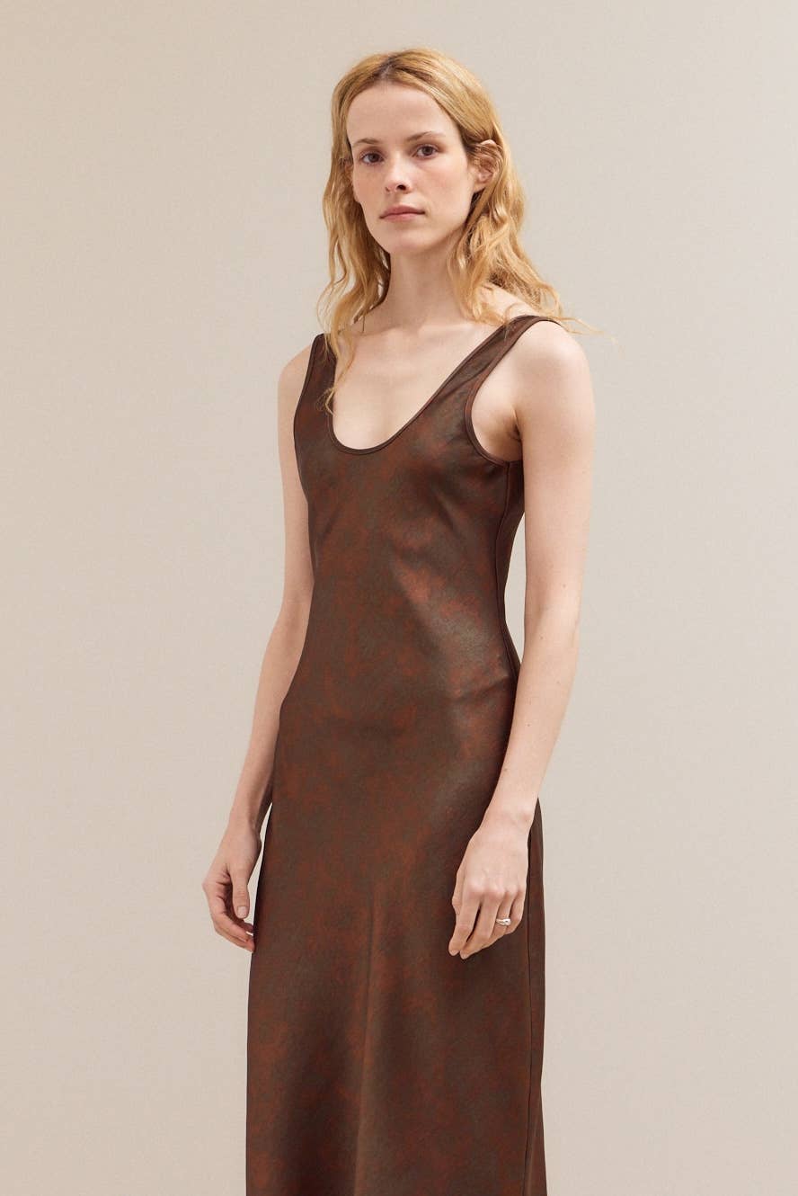 Bronze 61208 - PRINTED SATIN MAXI DRESS for wholesale on Faire2