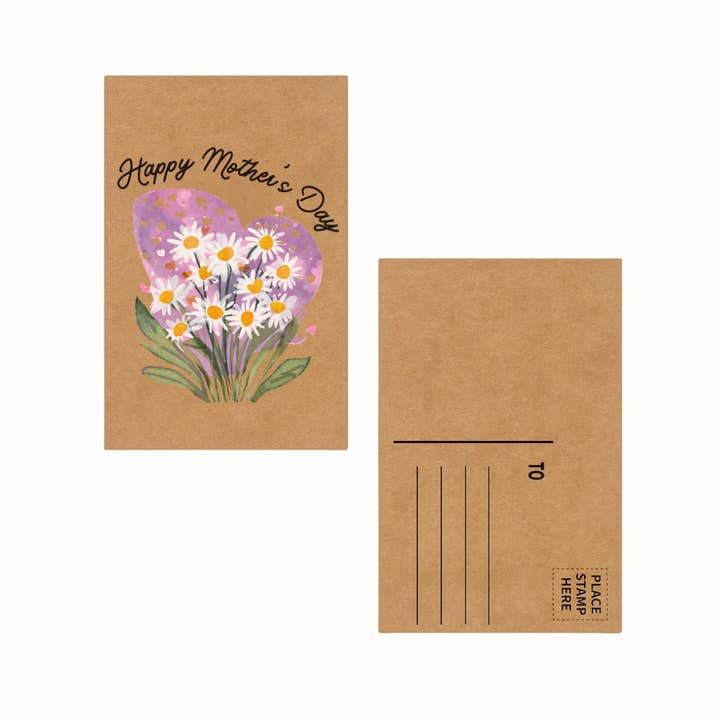 Purple Daisy Happy Mother’s Day Brown Kraft Paper Postcard for wholesale by Cryptic Paper Co.