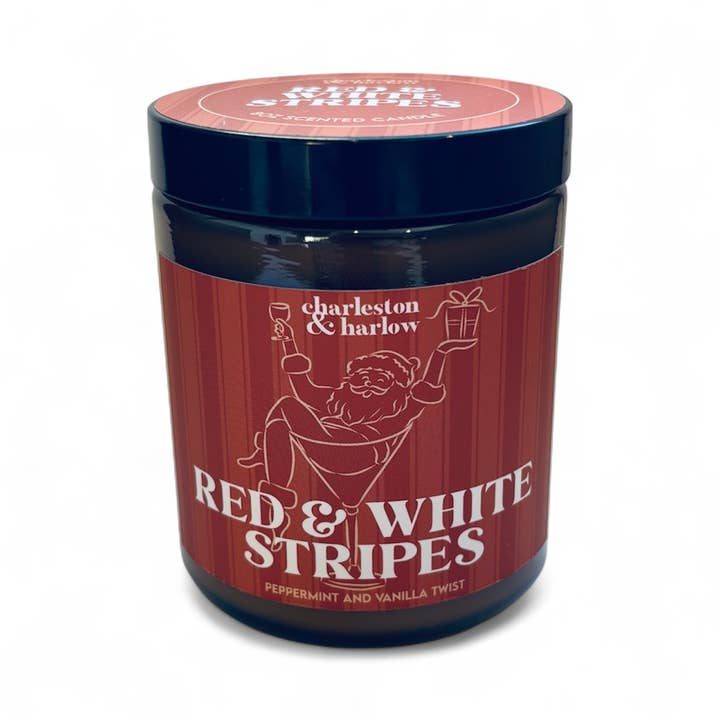 *VACACIONES* Vela de cera de soja con rayas rojas y blancas en caja para venta al por mayor de Charleston & Harlow Candle Co.