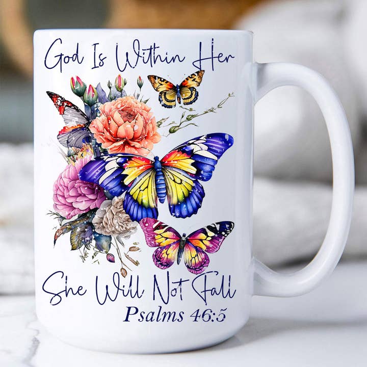 She Will Not Fall Butterfly Spiritual Coffee Mug for wholesale by Avery Lane Gifts