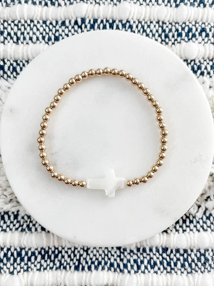 Gold Filled Bracelet with Mother of Pearl Cross for wholesale by SundayBeadCo