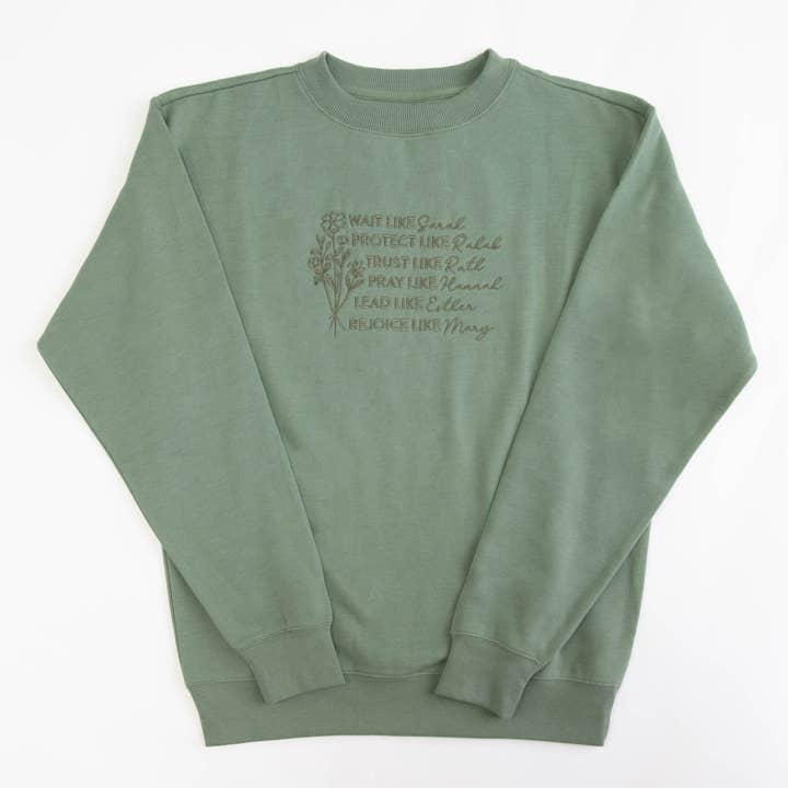 Heather Sage Women of the Bible Embroidered Crewneck Sweatshirt for wholesale on Faire