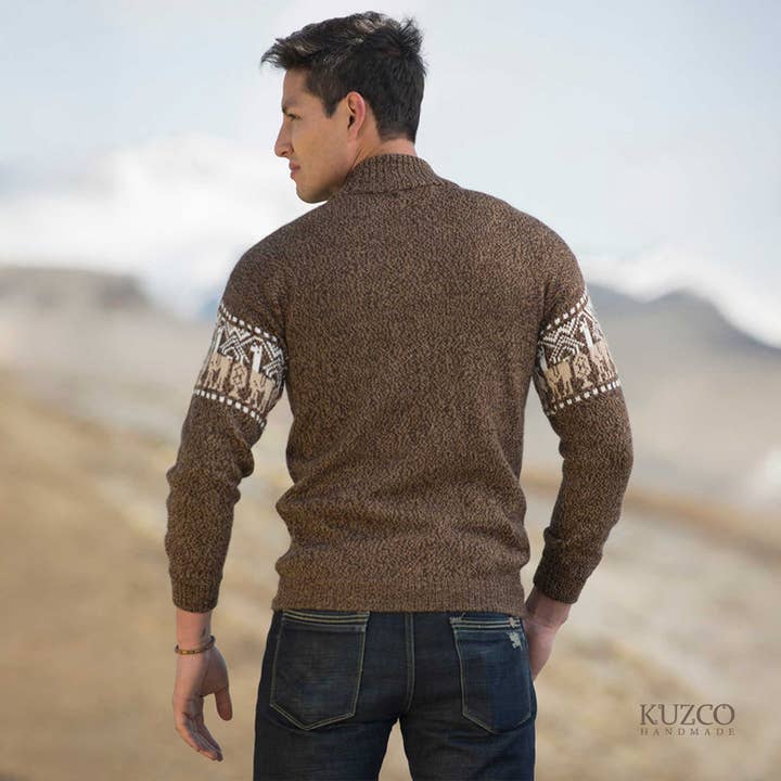 KuzcoHandmade - Wholesale Cardigan - Men's - Men's Alpaca Wool Zip Cardigan with Andean Pattern1