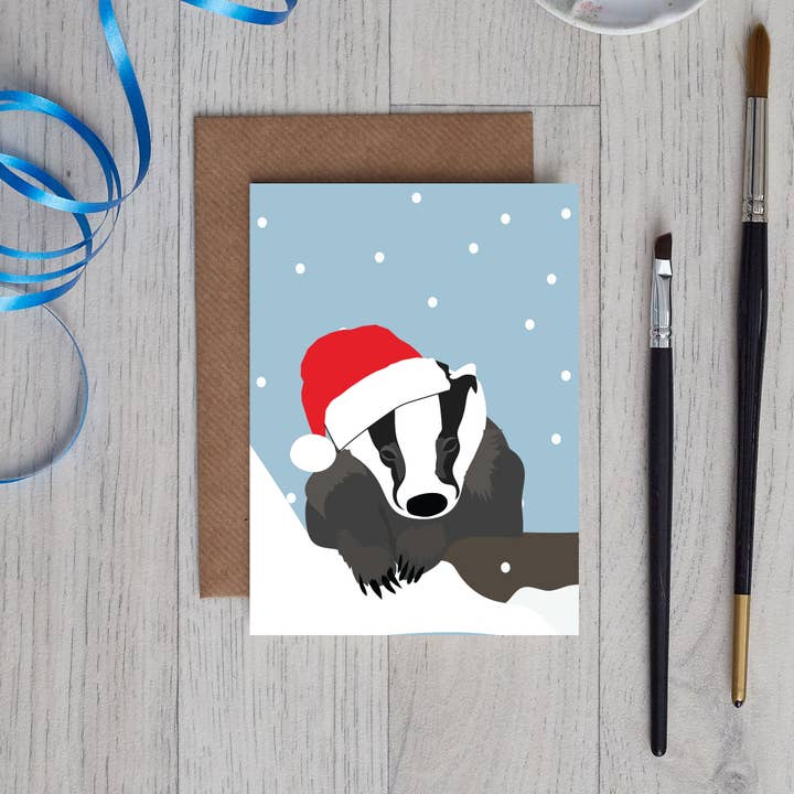 Christmas Badger Card wearing santa hat for wholesale by Lorna Syson