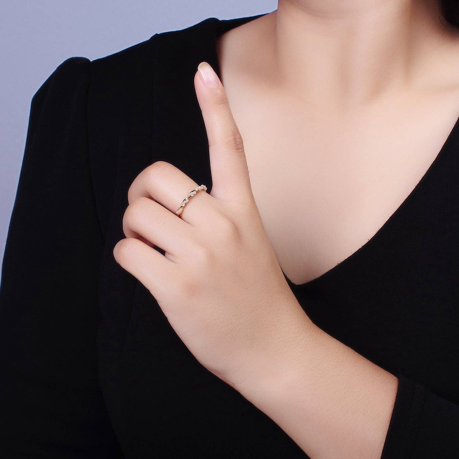 Aim Eternal - Wholesale Band/Stacked Ring - 14K Gold Filled Dotted Pearl Lined Croissant Twisted Ring | O11861