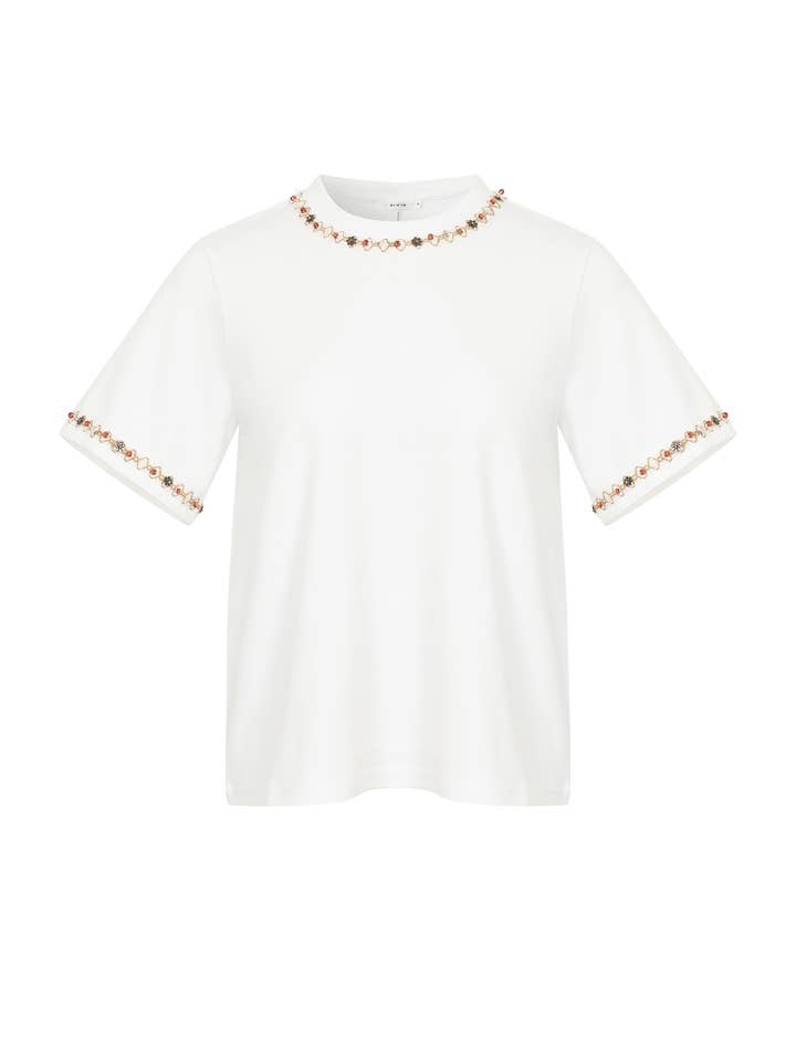 Flower Beaded Trim Knit Short Sleeve Top for wholesale by RIVIR