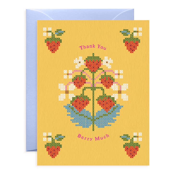 Strawberry Cross-Stitch, Yellow | Thank You Card | Fruit for wholesale by O.O.M.F. Creative