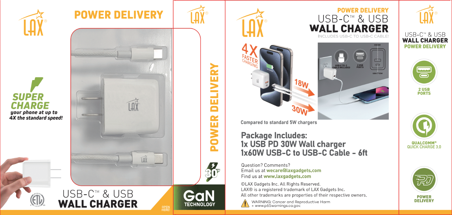 LAX Gadgets - Wholesale Portable Charger - PD30W Wall Charger With USB-C to USB-C Cable—Retail Pack3