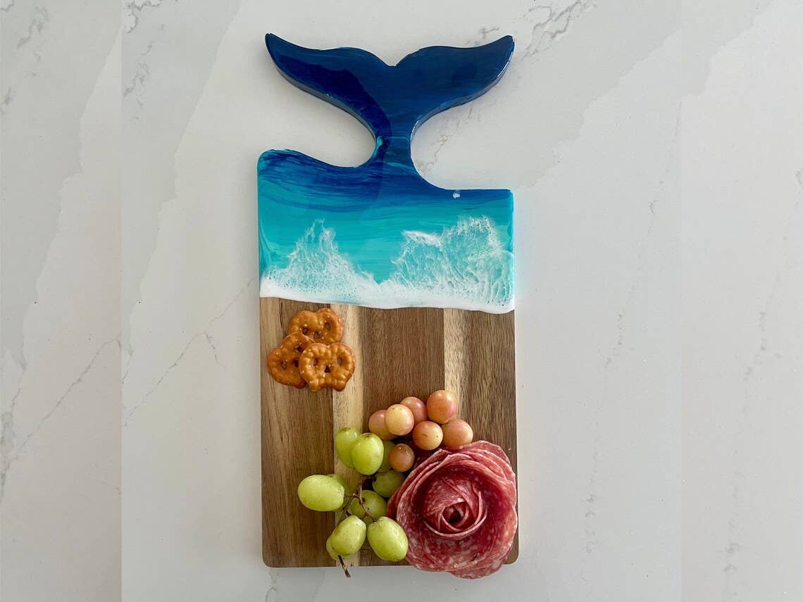 WLB Designs - Wholesale Cheese Board - Charcuterie Board, Whale Tail Acacia Wood Tray, Resin Ocean1