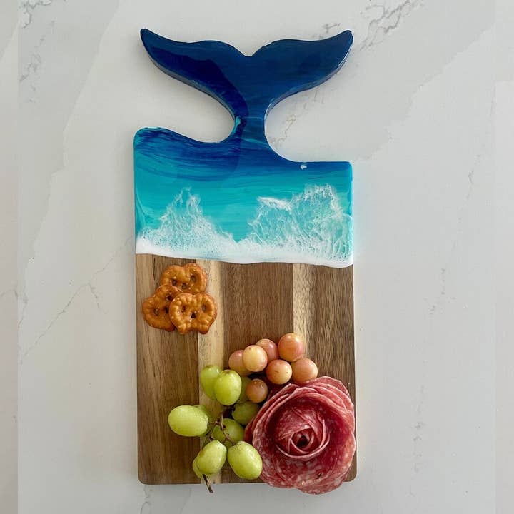 WLB Designs - Wholesale Cheese Board - Charcuterie Board, Whale Tail Acacia Wood Tray, Resin Ocean1