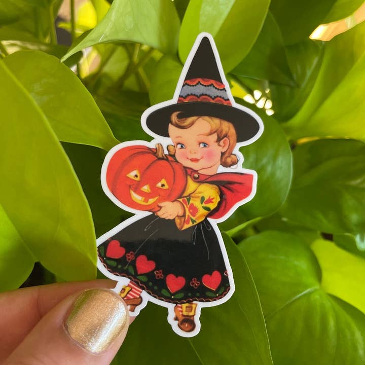 littlevintagetale – wholesale Sticker – Halloween witch and her pumpkin Sticker | Handmade Sticker |0