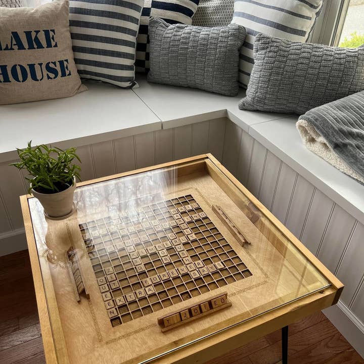 Charles River Woodworks - Wholesale Coffee Table - Rustic Scrabble Coffee Table with removable top - letter tiles included