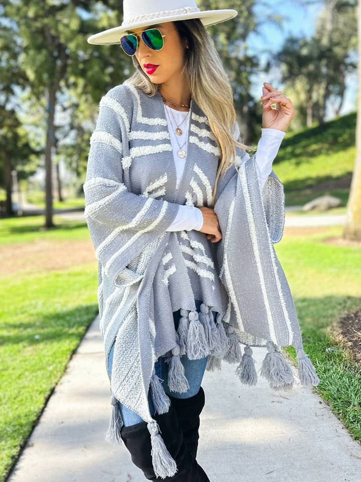 Grey Western Textured Pattern With Chunky Tassel Cardigan for wholesale on Faire5