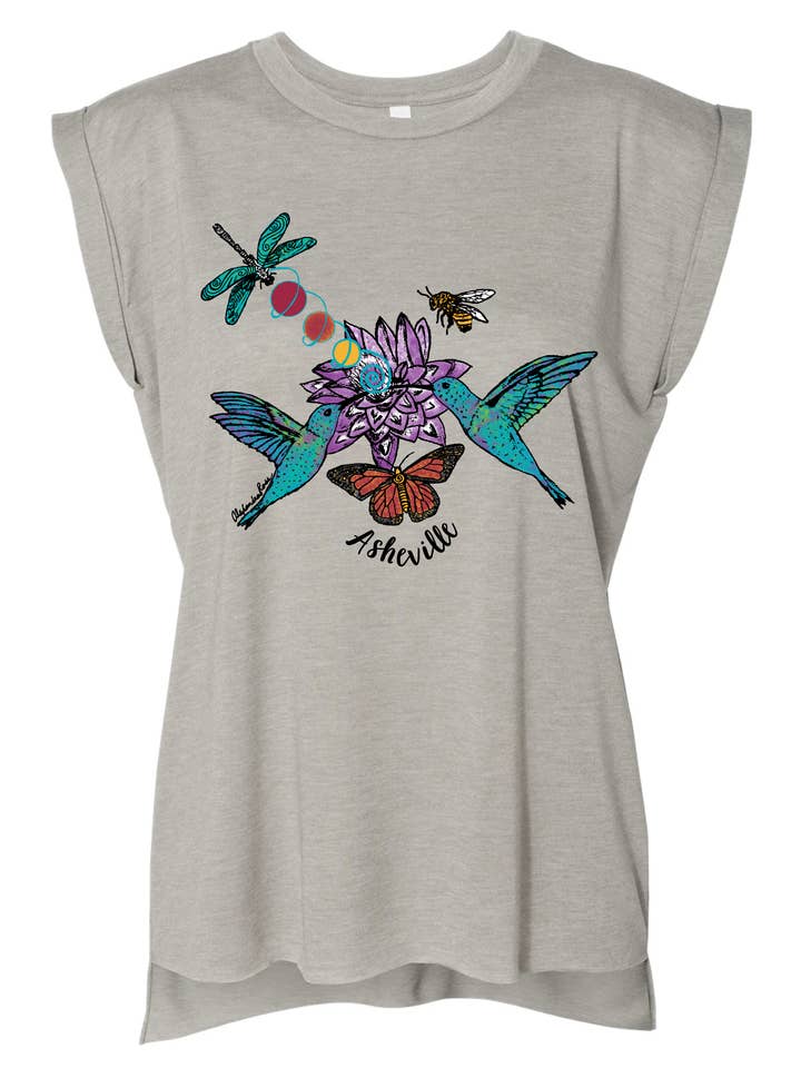 Asheville Hummingbird Women's Heather Stone Muscle Tee for wholesale by Alexandra's Artistry